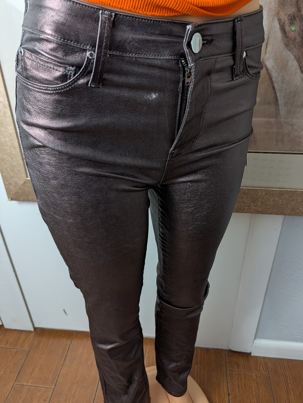 Fidelity Denim Lily High Boot Jeans Burgundy Metallic Foil-Coated Size 26 - Picture 3 of 12